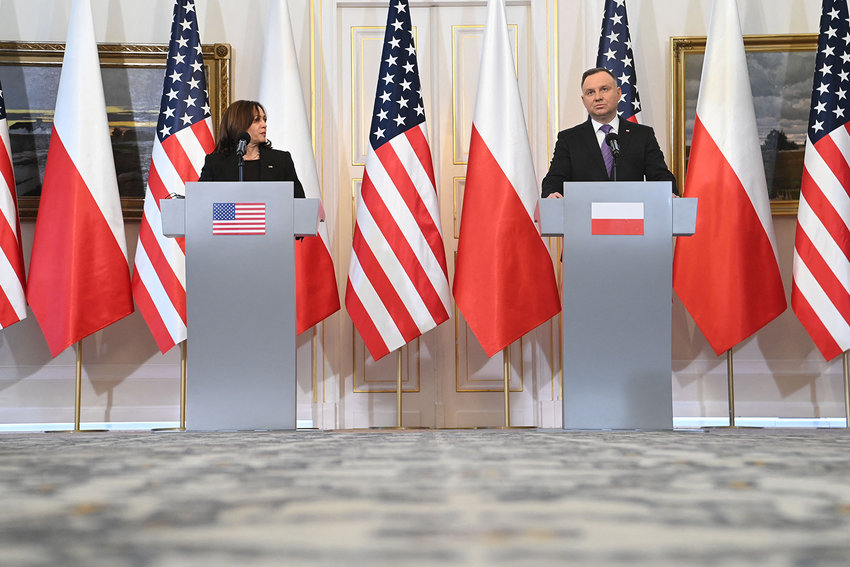 U.S. Vice President Kamala Harris and Polish President Andrzej Duda hold a press conference at Belwelder Palace in Warsaw, Poland, March 10, 2022. (Saul Loeb/Pool/AFP via Getty Images/TNS)