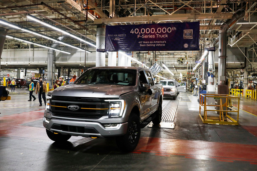 The 40 millionth Ford Motor Co. F-Series truck rolls off the assembly line at the Ford Dearborn Truck Plant on Jan. 26, 2022, in Dearborn, Michigan. - The 40 millionth is a F-150, Tremor model in Iconic Silver and will be delivered to a customer in Texas. (Jeff Kowalsky/AFP via Getty Images/TNS)