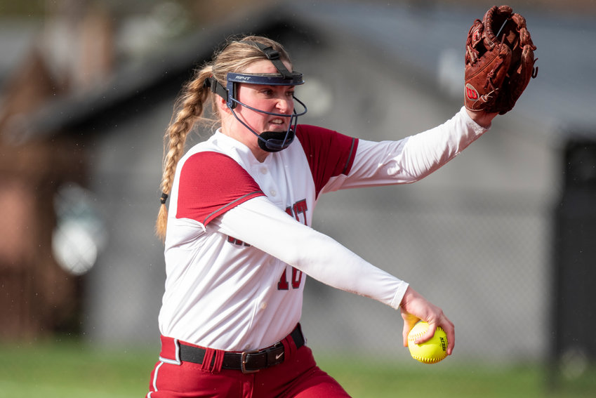 W.F. West's Kamy Dacus winds up to deliver a pitch to Olympia during the Bearcats' season opener at home on March 16.