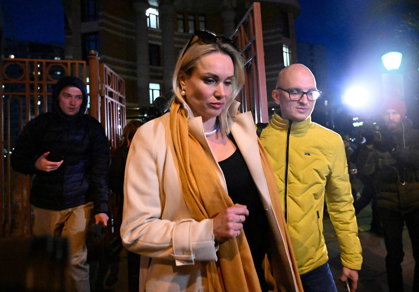 Marina Ovsyannikova, the editor at the state broadcaster Channel One who protested against Russian military action in Ukraine during the evening news broadcast at the station late Monday, leaves the Ostankinsky District Court after being fined for 30,000 rubles ($280, 247 euros) for breaching protest laws in Moscow on March 15, 2022. (AFP/Getty Images/TNS)