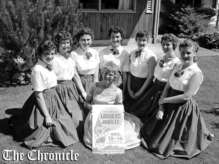 From the July 1959 Chronicle archives: &ldquo;QUEEN CANDIDATES - Candidates for the title of Morton&rsquo;s 1959 &ldquo;Logger&rsquo;s Jubilee Queen&rdquo; form a semi-circle around last year&rsquo;s title holder, Sandy Hansen. The girls, from left, are: Lois Noel, Judy McCready, Terry Peterson, LaVerne Coleman, Virginia Davis, Rosalie McNee and Coral Hall. Two candidates, Sharon Walker and Barbara Baker, were not present when the picture was taken. The girls, one of whom will be named queen August 16, were presented charm bracelets by the Morton Women&rsquo;s Business club at a luncheon at the home of Mrs. Reg Lester Wednesday. Saturday, they will appear in the Auburn Days parade. - Chronicle Staff Photo.&rdquo;
