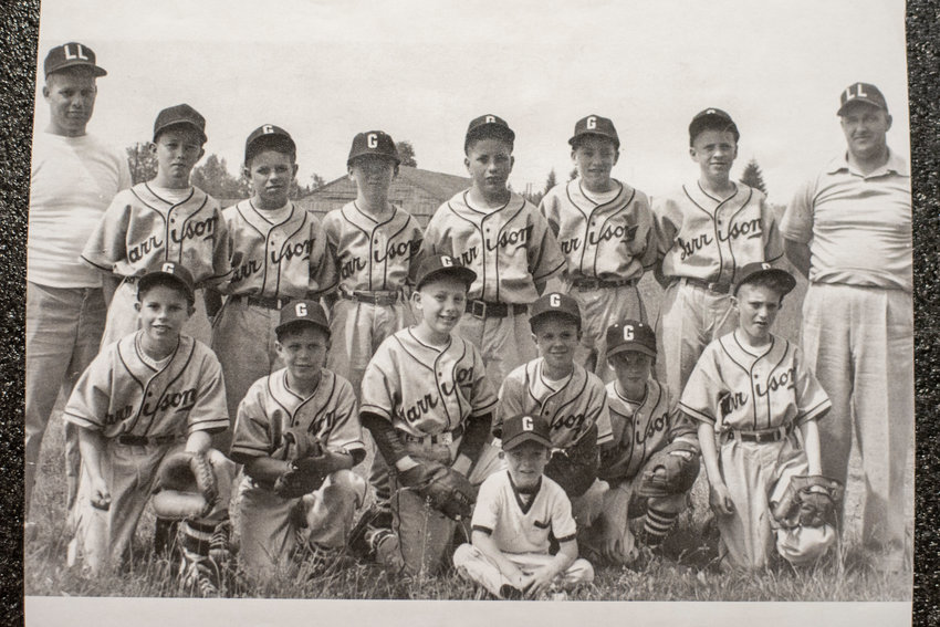 The 1952 Centralia Little League baseball team. Front row, from left: Paul Conzatti, Harold Oster, Billy Lohr, David Thomas, Wayne Browning and Dickie Robinson..Back row, from left, assistant coach Orvie Blumenthal, Kenny Dallarhide, Earl Conzatti, George Butkus, Kenny Dry, Dick Vermie, John Simmons and head coach Paul Barragar.
