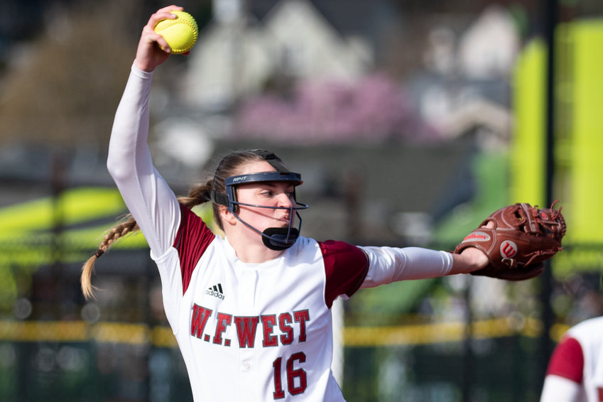 W.F. West senior Kamy Dacus throws a pitch against Centralia March 25 at Recreation Park.