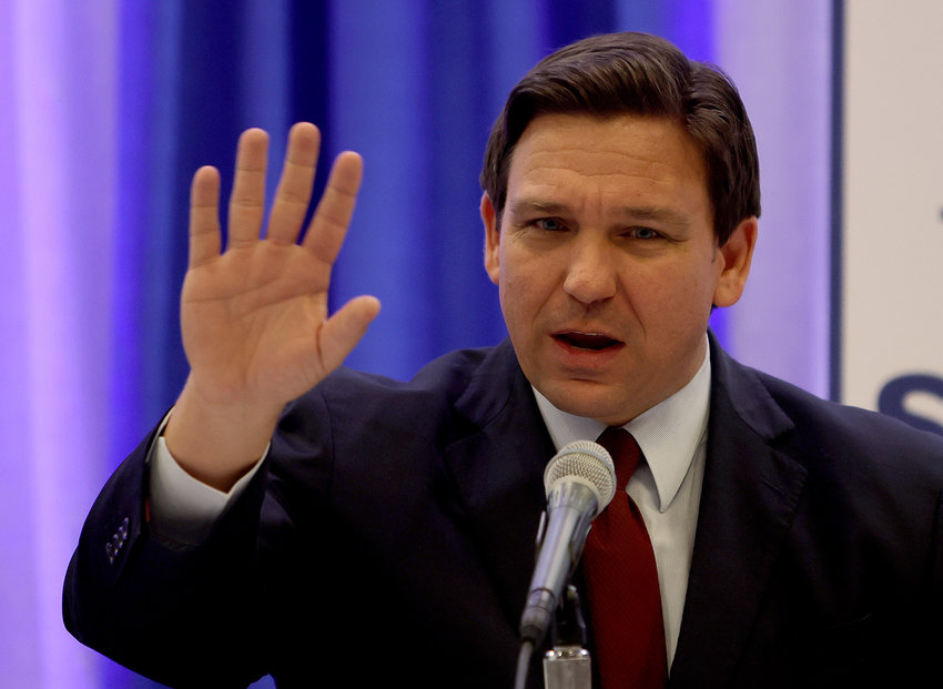 Florida Gov. Ron DeSantis on Jan. 26, 2022, in Miami. On Monday, he signed into law a measure that has come to be known as the &quot;don't say gay&quot; bill. (Joe Raedle/Getty Images/TNS)