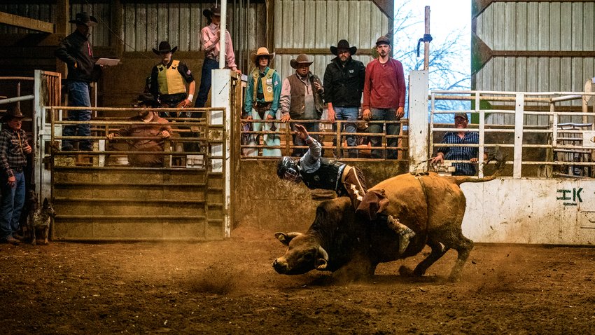Auto O&rsquo;Neil tries to stay on a bull fresh out of the gate at a Lazy HK Bar Rodeo Winter Series event Saturday in Silver Creek.