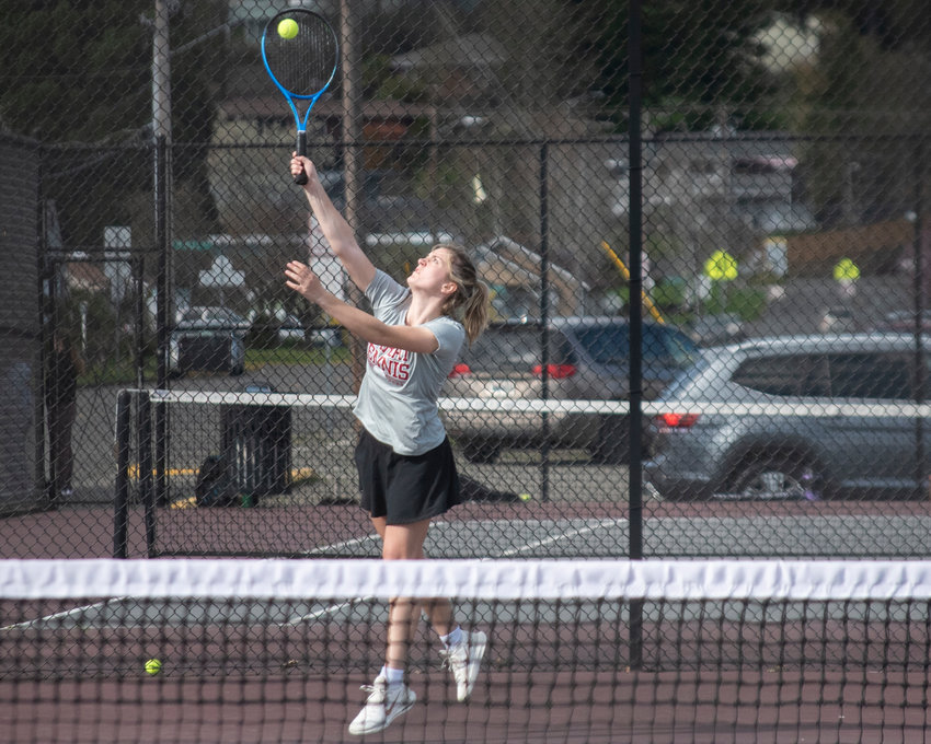 W.F. West&rsquo;s first doubles player Kaylynne Dowling serves the ball during a match against Black Hills in Chehalis on Wednesday afternoon.