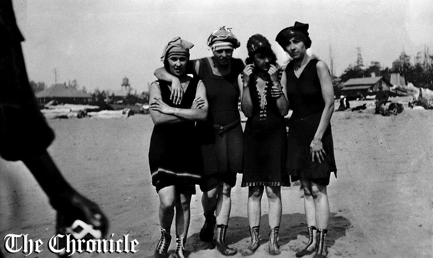 From the news clipping: &ldquo;BATHING BEAUTIES of 1920 pictured as they invaded Pacific beaches are Mildred Parmonter; Flora Barner, Mildred Miller and Viola Miller. The girls model wool jersey bathing suits considered vogue for that year. - Chronicle Staff Photo.&rdquo;