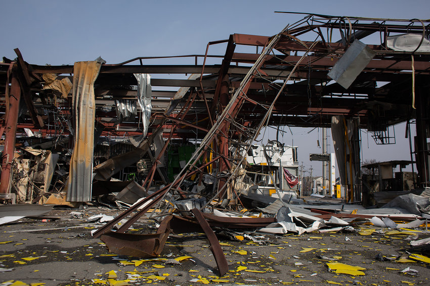 A view of a destroyed fuel station on March 31, 2022, in Stoyanka, Ukraine. (Anastasia Vlasova/Getty Images/TNS)