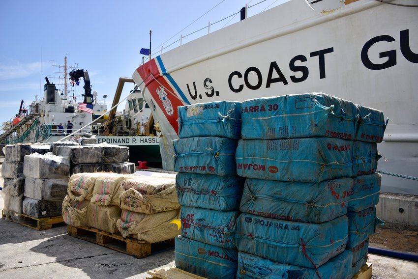 Pallets of illegal narcotics offloaded from U.S. Coast Guard Cutter Dauntless following a drug offload at Base Miami Beach, Florida, Friday, April 1, 2022. The Dauntless is homeported in Pensacola, Florida. (Seaman Eric Rodriguez/U.S. Coast Guard/TNS)