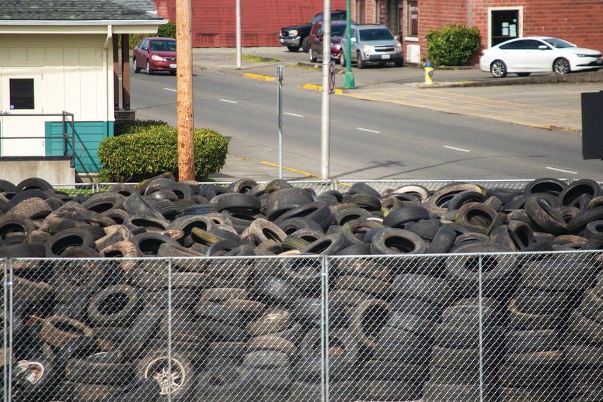 Tires sit in Centralia waiting to be hauled away after a Lewis County Solid Waste Utility district &ldquo;Tire Amnesty&rdquo; event late in 2022.