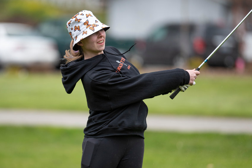 Centralia's Tess McMurry tees off during a league match against W.F. West at Newaukum Valley Golf Course on April 13.