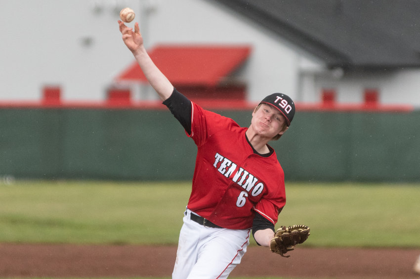 Tenino's Mikey Vasser throws a pitch against Eatonville April 14.