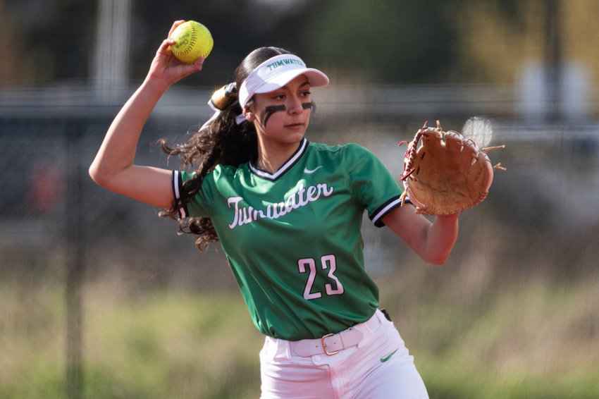 Tumwater's Jaylene Manriquez looks to throw to first base against W.F. West at Recreation Park in Chehalis April 15.