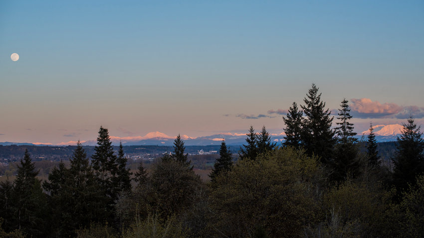 The moon, Mount Adams and Mount St. Helens glow at sunset Friday.