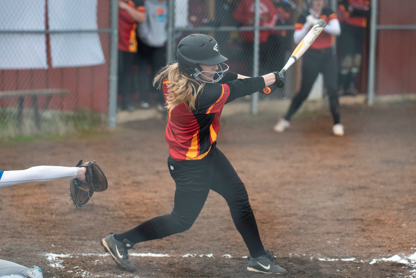 Winlock's Maia Chaney takes a cut at an Adna pitch during a home game on April 20.