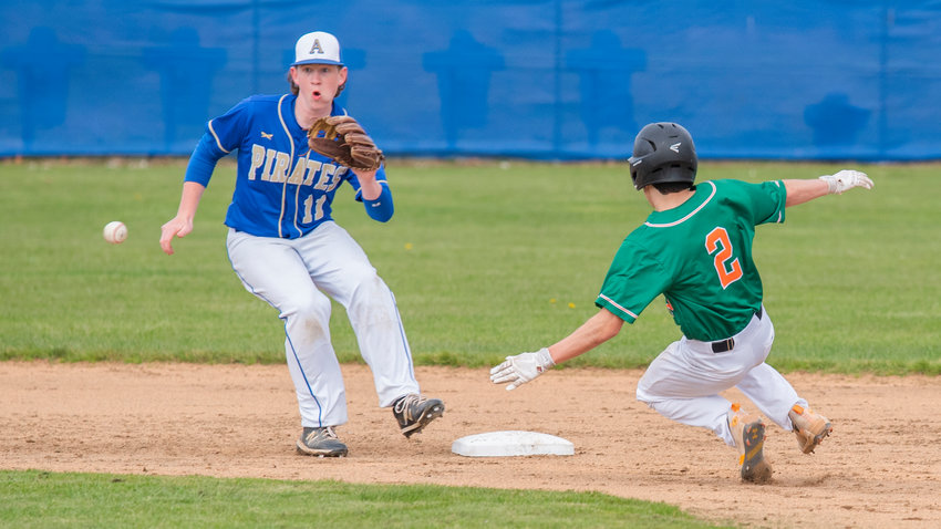 Adna&rsquo;s Chance Muller receives a throw down to second base during a game against Morton-White Pass Monday afternoon.