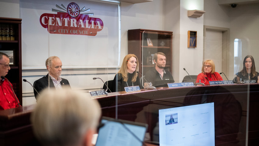 FILE PHOTO &mdash; Centralia Mayor Kelly Smith Johnston addresses public commenters during a city council meeting.