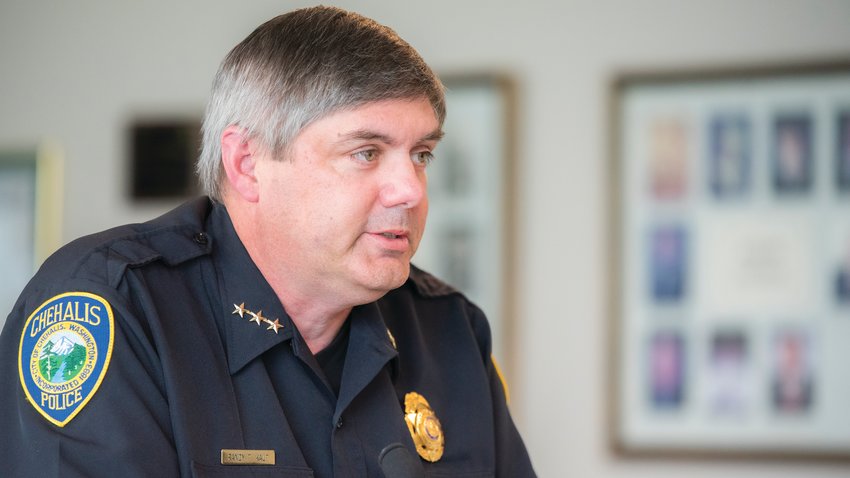 Chehalis Police Chief Randy Kaut talks during a Chehalis City Council meeting Monday afternoon.