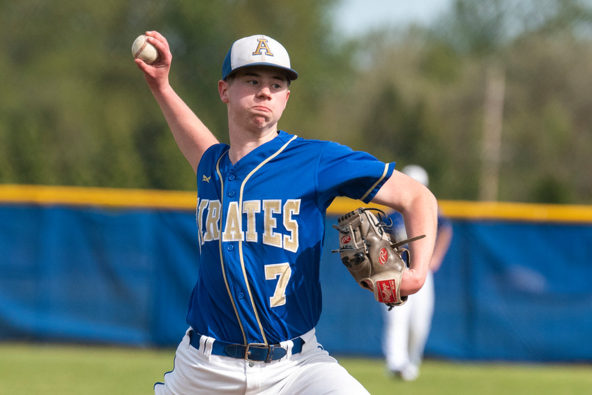Adna's Cal Ryan delivers a pitch to a Pe Ell-Willapa Valley batter during a non-league game at home on May 4.
