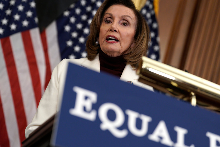 U.S. House Speaker Nancy Pelosi, D-Calif., speaks at an Equal Pay Day event on Capitol Hill in Washington, D.C., on March 15, 2022. (Yuri Gripas/Abaca Press/TNS)