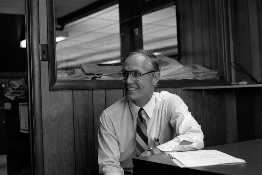 Slade Gorton smiles during a visit to The Chronicle&rsquo;s office in this 1980 archival photograph.