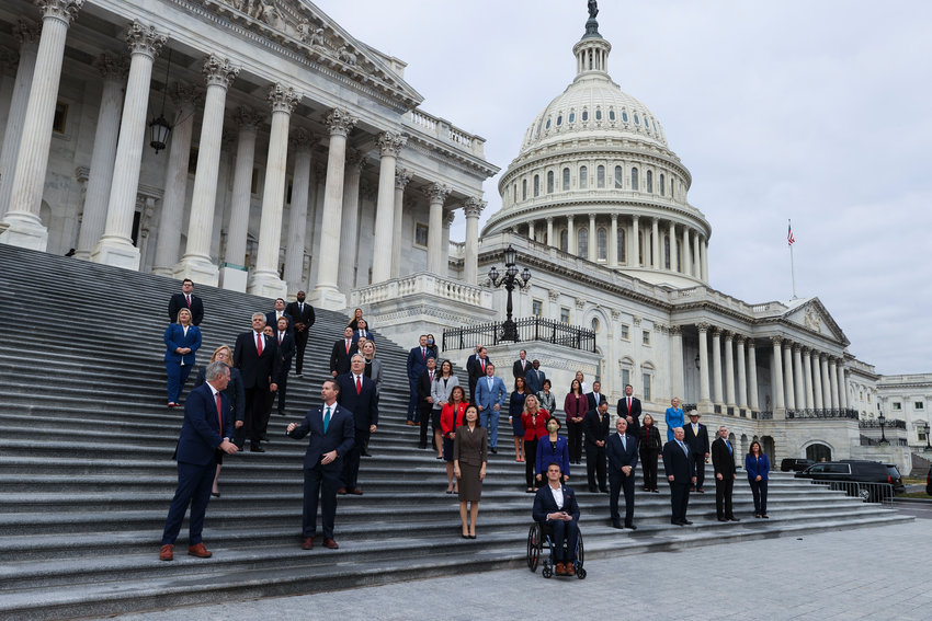 In this photo from January 4, 2021, newly elected Republican House members meet on the East Front of the US Capitol for a group photo in Washington, DC. (Tasos Katopodis/Getty Images/TNS)