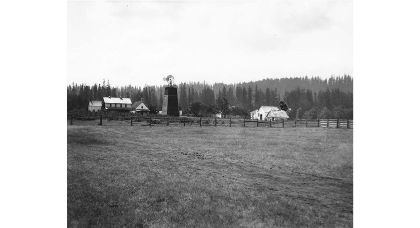 The remnants of a former boarding school on the Chehalis Reservation are pictured in August 1905. This photograph was taken by Edmond Meany and is included in a collection at the University of Washington.