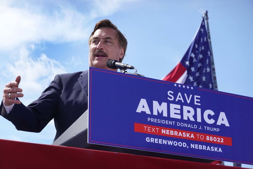 MyPillow CEO Mike Lindell speaks at a rally hosted by former President Donald Trump at the I-80 Speedway on May 1, 2022, in Greenwood, Nebraska. (Scott Olson/Getty Images/TNS)