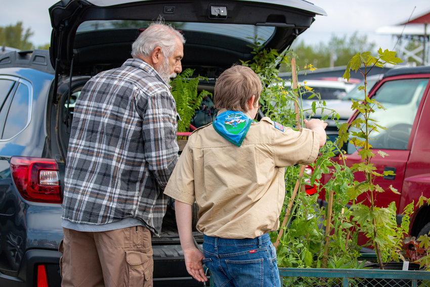 A Boy Scout helps load a car at the Master Gardener Plant Sale at the Southwest Washington Fairgrounds in May 2022.