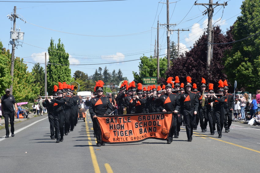 Battle Ground High School&rsquo;s marching band parades down Hazel Dell Avenue during the 2022 Parade of Bands on May 21.