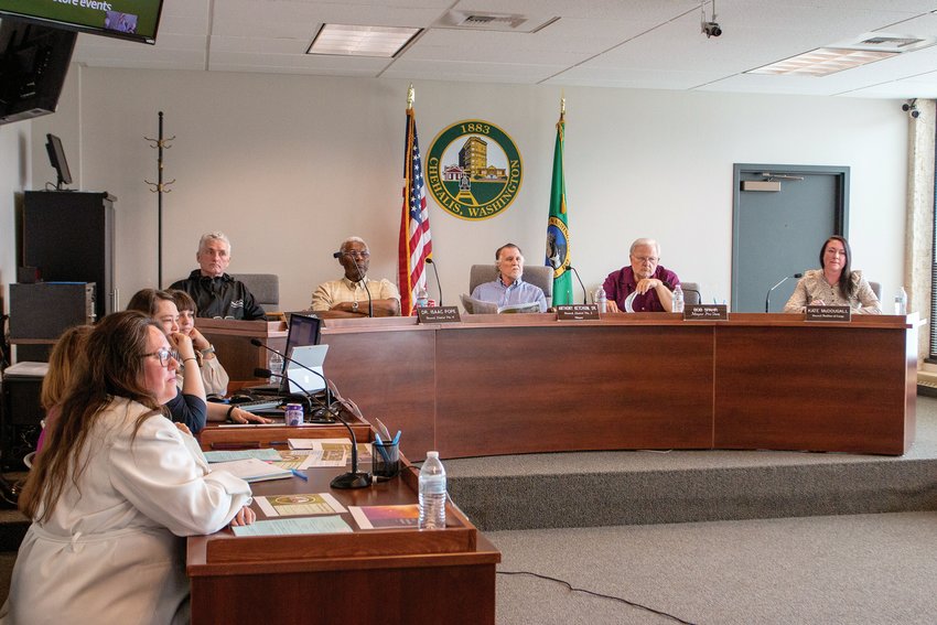 FILE PHOTO &mdash; The Chehalis city council listens to a presentation at the May 22, 2022 meeting held at the Chehalis City Hall.