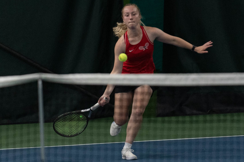 Tenino's Megan Letts returns a volley against Connell's Ellen Wickham in the first round of the 1A State Tennis Tournament at the Yakima Golf Club May 27.