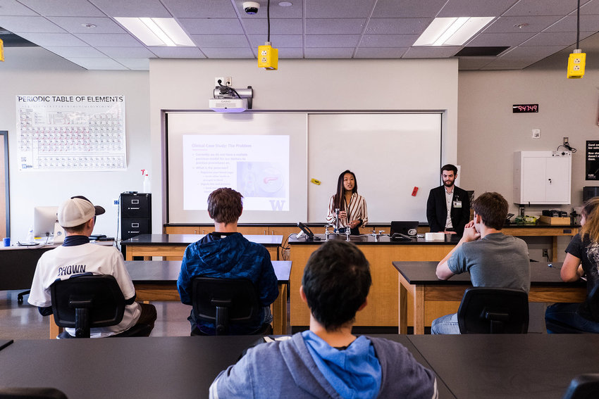 2019 FILE PHOTO &mdash;&nbsp;University of Washington Medicine Department staff lead the UW Stem camp students through their process when approaching a case study in the W.F. West High School STEM wing.