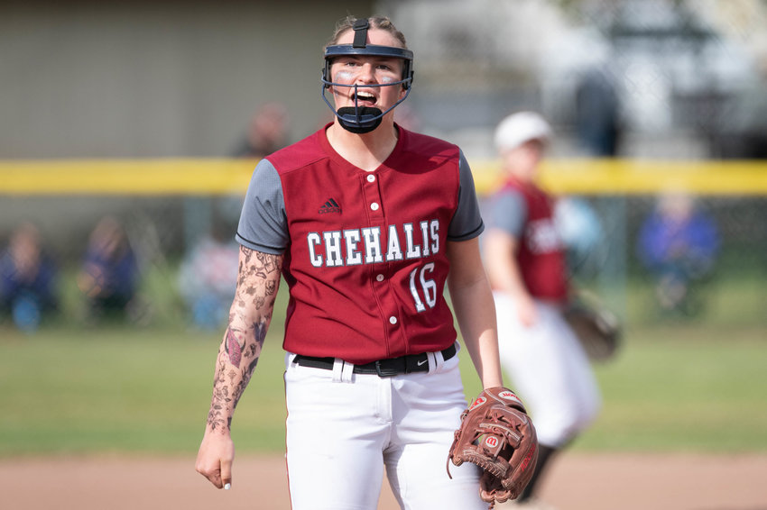 W.F. West pitcher Kamy Dacus reacts after a strikeout against Olympic in the 2A State Quarterfinals at Carlon Park in Selah May 27.