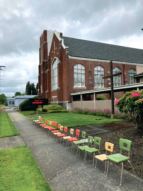Nineteen empty chairs for children and two adult-sized chairs are lined up in front of Chehalis United Methodist Church Sunday following the massacre of 19 children and two teachers at a Texas school last week. &quot;We are doing something to stop gun violence!&quot; wrote Steve O'Connor, who submitted the photo to The Chronicle.