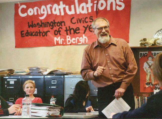 Yelm High School history teacher Ed Bergh offers a wink after he was named the Washington Civics Educator of the Year in 2012. Bergh died in 2017 following a lengthy illness.