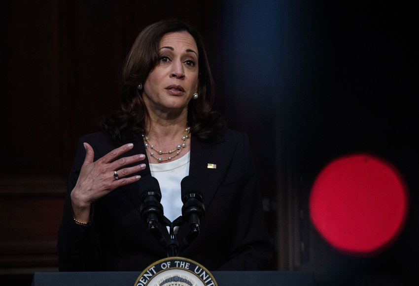 U.S. Vice President Kamala Harris announces the plans to elevate water security as a foreign policy priority, in the South Court Auditorium at the White House in Washington, D.C., on June 1, 2022. (Nicholas Kamm/AFP/Getty Images/TNS)