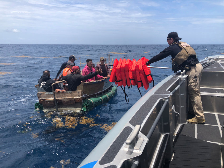 A Customs and Border Protection Air and Marine Operations boat crew rescued people from a rustic vessel taking on water about 8 miles south of Key West, Florida, after Sector Key West watchstanders were notified of their distress, May 30, 2022. The people were repatriated to Cuba on June 2, 2022. (U.S. Customs and Border Protection AMO/TNS)