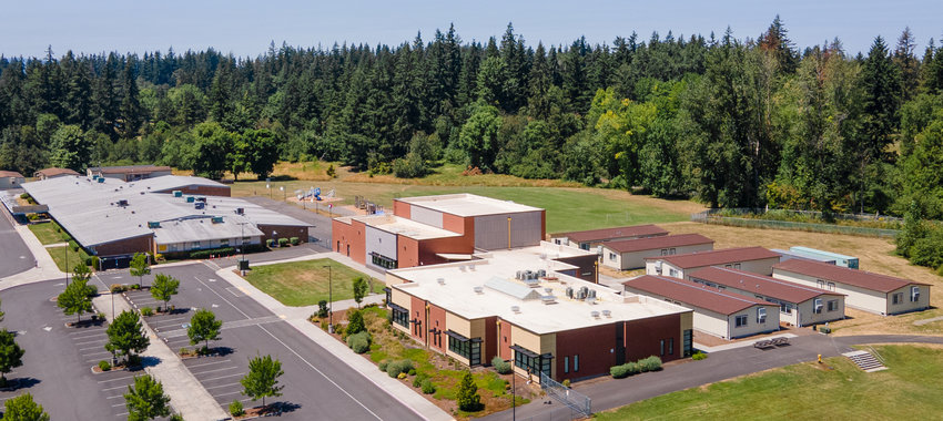 An aerial view shows South Ridge Elementary School in Ridgefield.