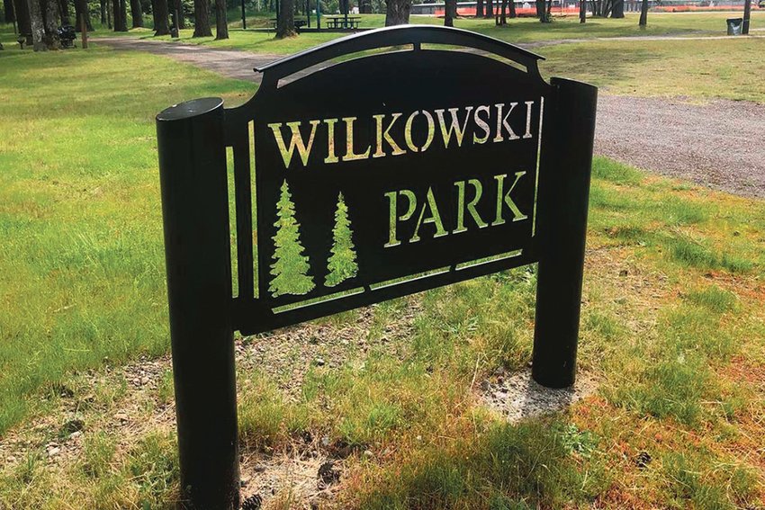The sign to Wilkowski Park in Rainier is pictured.