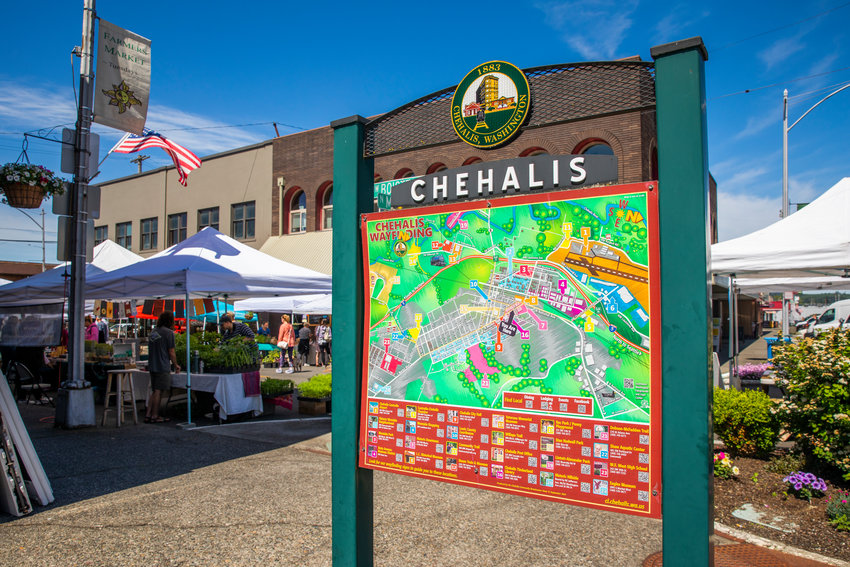 A map of downtown Chehalis sits on display along North Market Boulevard during the Community Farmers Market on Tuesday.