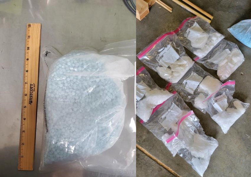 Local law enforcement have arrested two people and seized 8 pounds of suspected methamphetamine and 10,000 pills suspected to contain fentanyl following a traffic stop on northbound Interstate 5 near Centralia on Tuesday.&nbsp;