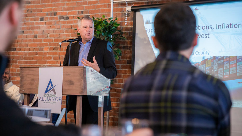 FILE PHOTO &mdash; Executive Director Richard DeBolt speaks to attendees inside The Loft for an Economic Alliance Summit event in Chehalis in June 2022.