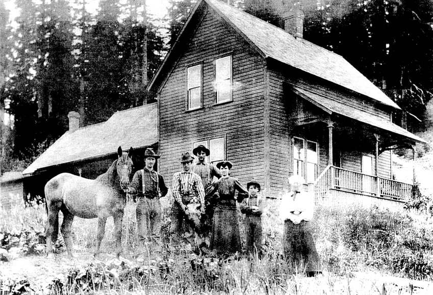 The Adolph and Amelia Mauermann place on Lincoln Creek in 1884 was, according to the family, &ldquo;a little bit of a prairie-type area, and they just farmed it and had milk cows there.&rdquo; Amelia regularly milked the cows on their farm and the cows became accustomed to her skirts. When the men were forced for one reason or another to milk the cows, they were also forced to wear skirts so the cows would provide milk. The spot on Lincoln Creek upon which the Mauermann home was built also drew annual visits by members of local Indian tribes who came to the area for a couple of months each year to hunt and put up their homes while fishing in the swollen waters for salmon. In this 1884 photo, from left, are Adolph, Frank, Fred, Maude, Harry and Amelia Mauermann.