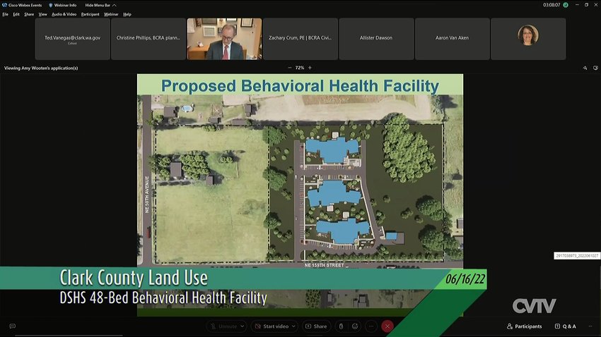A rendition of the proposed 48-bed involuntary treatment center near Washington State University Vancouver is shown as part of a land use hearing June 16.