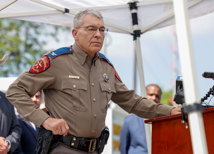 Texas Department of Public Safety Director Steve McCraw listens to a question from a reporter during a press conference outside Robb Elementary School in Uvalde, Texas, Friday, May 27, 2022. (Elias Valverde II/The Dallas Morning News/TNS)