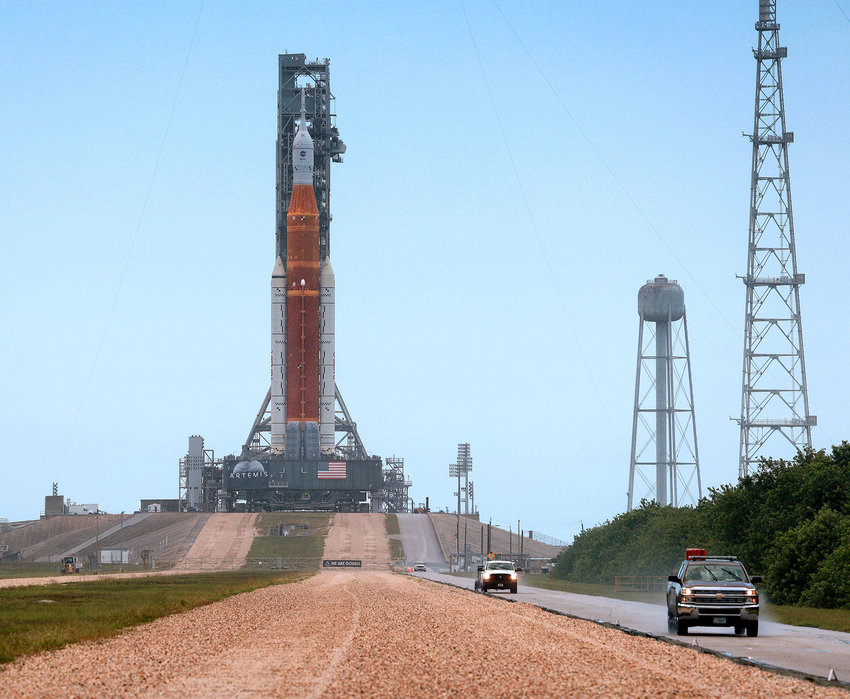After completing its second rollout overnight Sunday, Artemis 1 &mdash;the NASA moonshot rocket&mdash; stands at launch pad 39-B at Kennedy Space Center, Florida, Monday, June 6, 2022. (Joe Burbank/Orlando Sentinel/TNS)