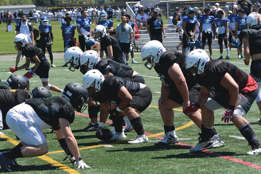 Yelm&rsquo;s offensive line awaits the snap against Lincoln High School during a camp at Pacific Lutheran University.