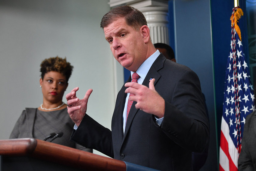 U.S. Secretary of Labor Marty Walsh speaks to reporters in the James S Brady Press Briefing Room of the White House in Washington, DC, on May 16, 2022. (Nicholas Kamm/AFP via Getty Images/TNS)