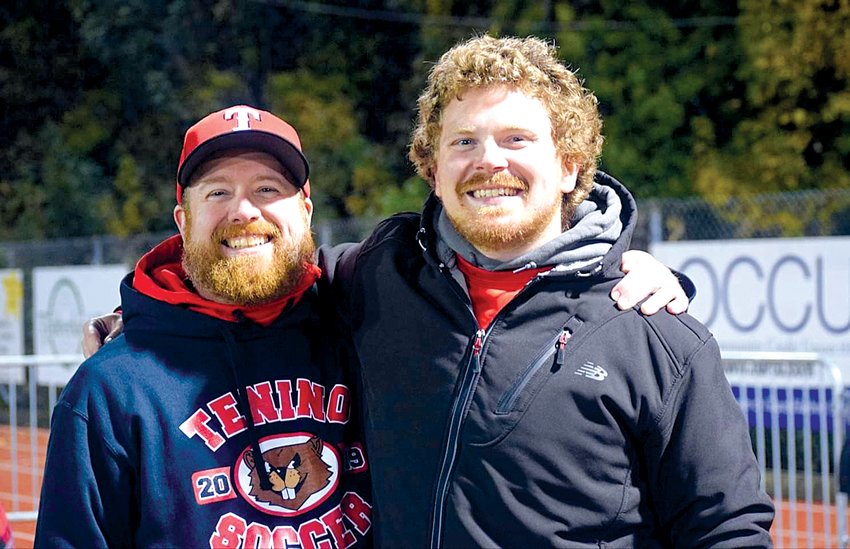 Dave Montgomery (left) and Kevin Schultz (right) pose for a photo while coaching the Tenino High School girls soccer team. Montgomery has been hired to take over for Schultz as the Beavers&rsquo; head coach after Schultz accepted a head coaching position with South Puget Sound Community College.